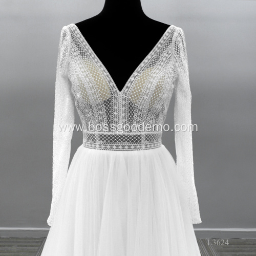 Sexy Bridal Gowns Backless Long Sleeve V Neck Chapel Train Hot Sale Lace Illusion Wedding Dress